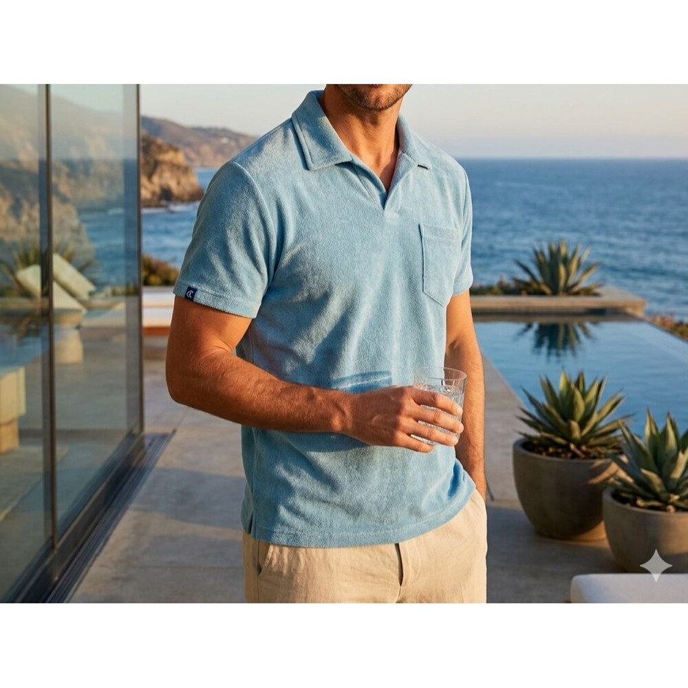 Criquet Terrycloth Polo Men's T-Shirt Short Sleeves Collared Solid Blue M 291737